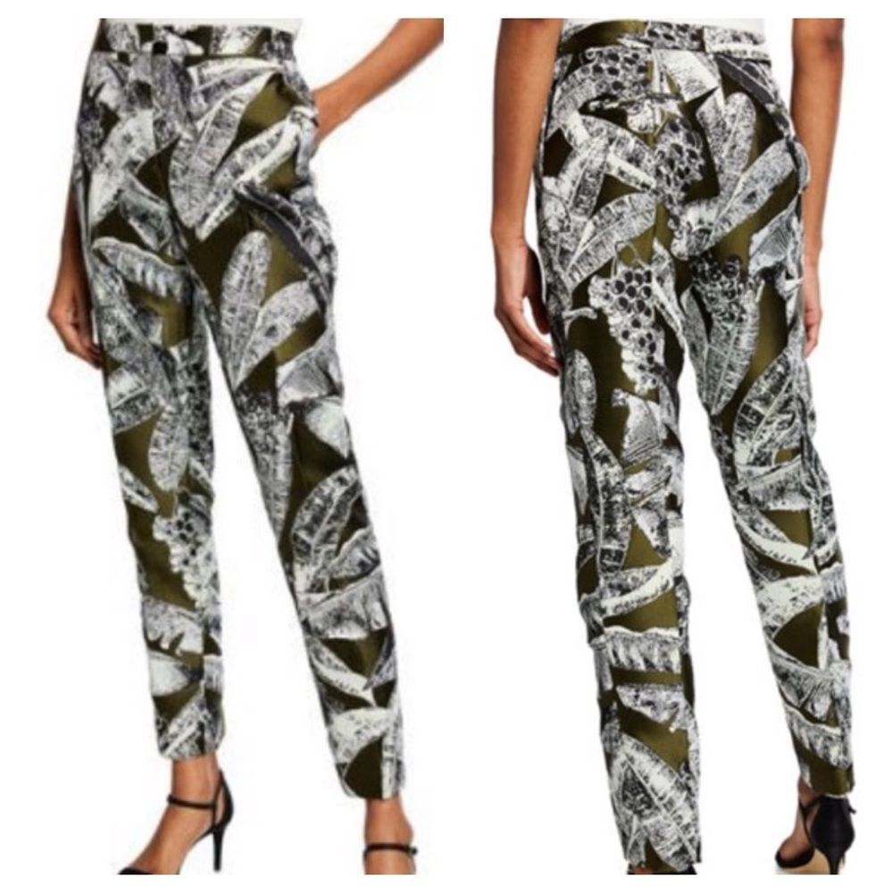 Oscar de la Renta Abstract Botanical Print 100% Silk Lined Slim Dress Pants - Picture 1 of 11